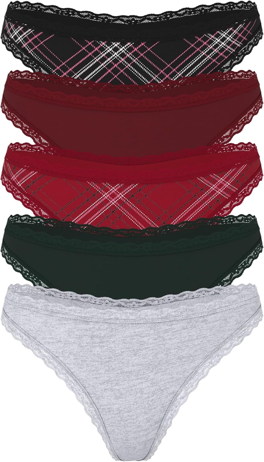 

Комплект из 5 хлопковых трусиков-стрингов Victoria's Secret с кружевной отделкой, Plaid & Solid Mix