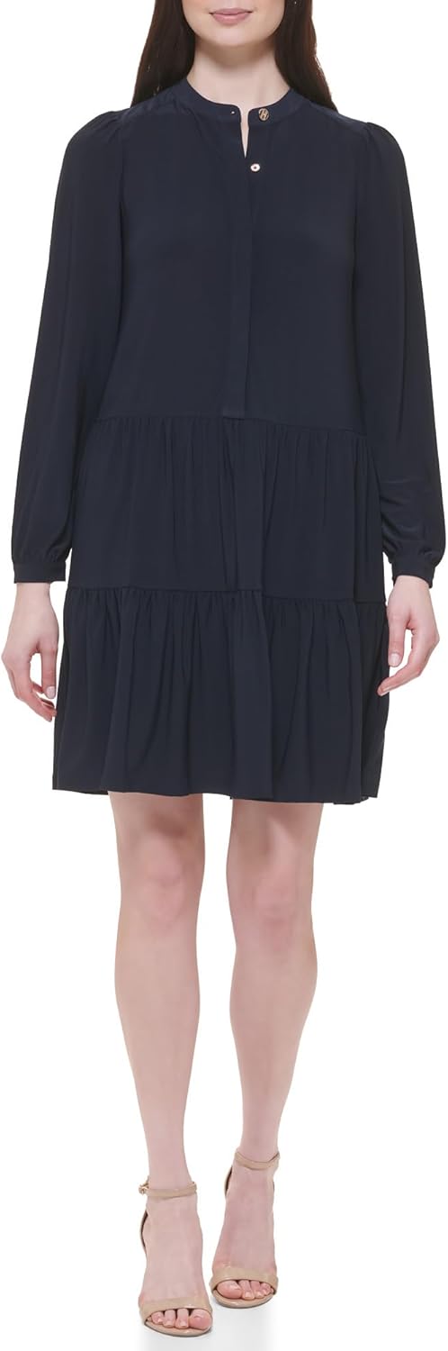 

Женское мини-платье Tommy Hilfiger с длинными рукавами и пуговицами спереди, многоуровневое, из джерси, Sky Captain