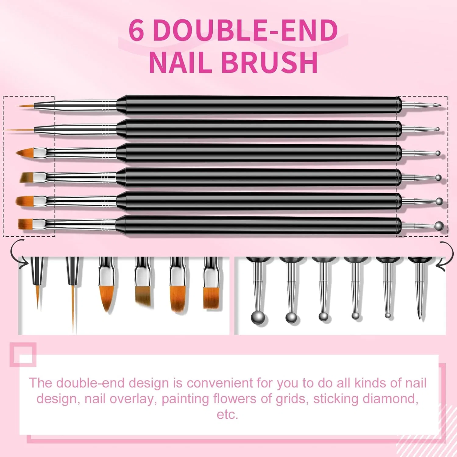 Набор из 6 двусторонних кистей для дизайна ногтей от Saviland Saviland, 6-Piece Double-Ended Nail Brush Set — фото 2