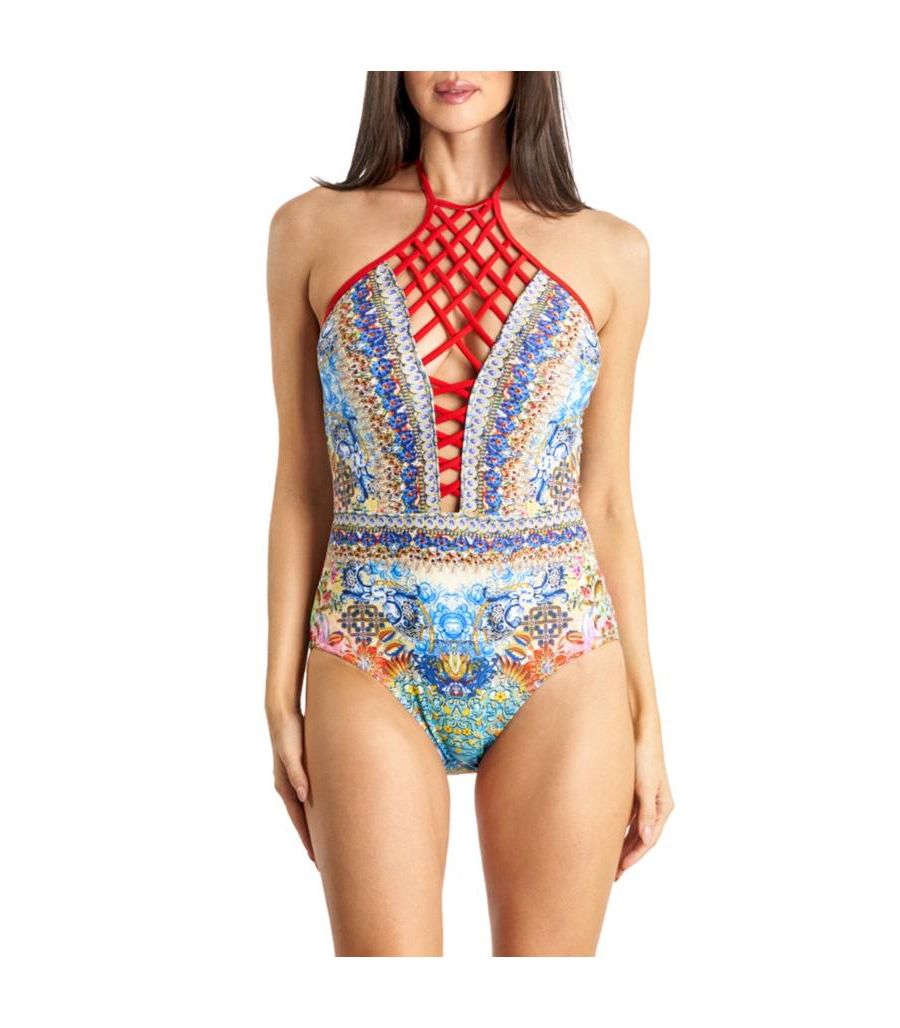 

Женский слитный купальник на шнуровке La Moda Clothing, Light pink / yellow