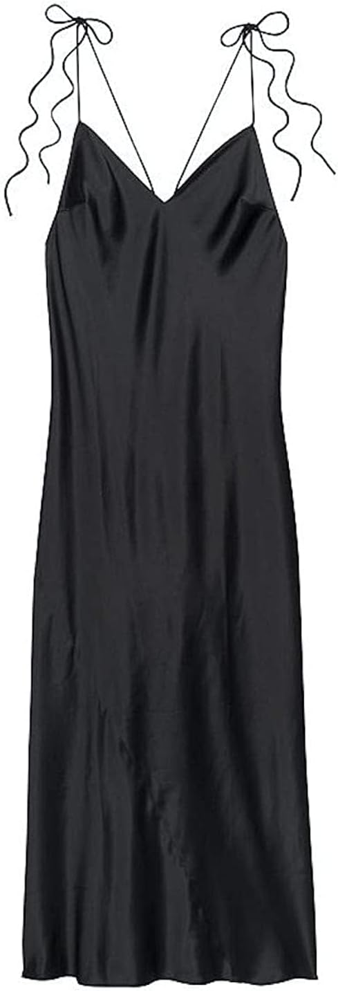 

Victoria's Secret сатиновое миди-платье-комбинация с завязывающимися бретелями, цвет Black, новое