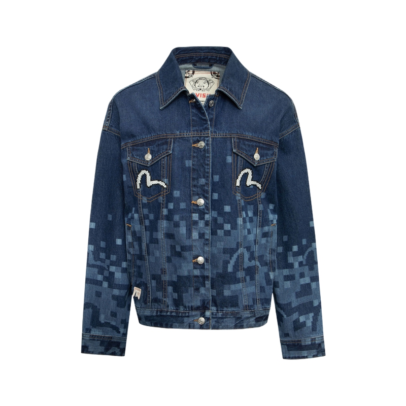 

EVISU Женская джинсовая куртка синего цвета с принтом по всей поверхности