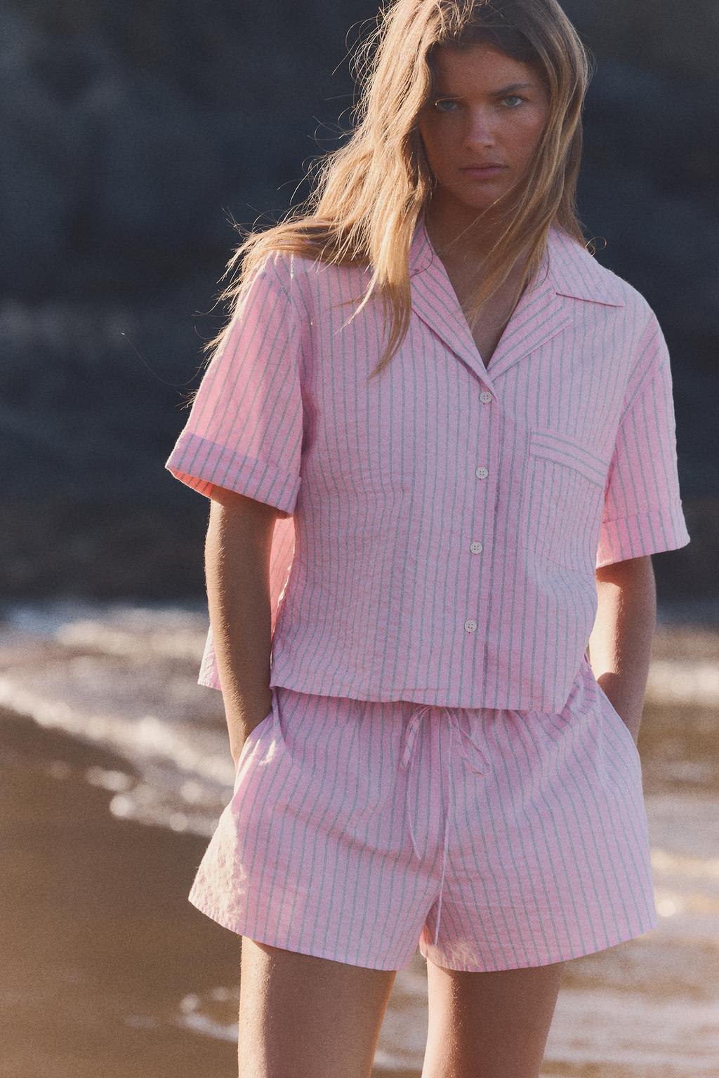 

Укороченная рубашка в полоску ZARA, розовый