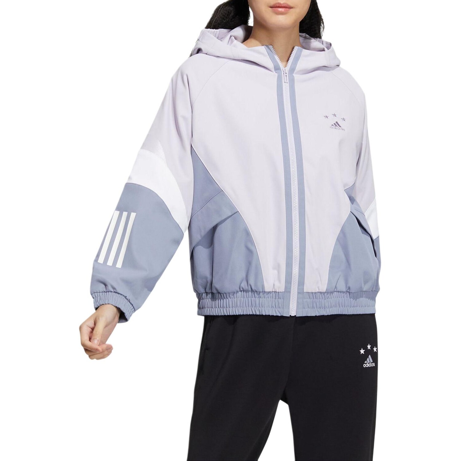Женская вышитая полосатая тканая куртка с капюшоном сиреневого цвета Adidas — фото 2