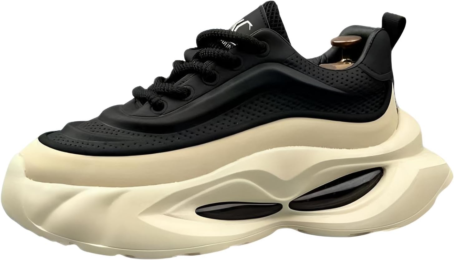 

Массивные модные кроссовки на платформе, черно-кремовые, подошва с волнистым рисунком, перфорированный верх, спортивный стиль для стритвира, платформа 5 см Generic