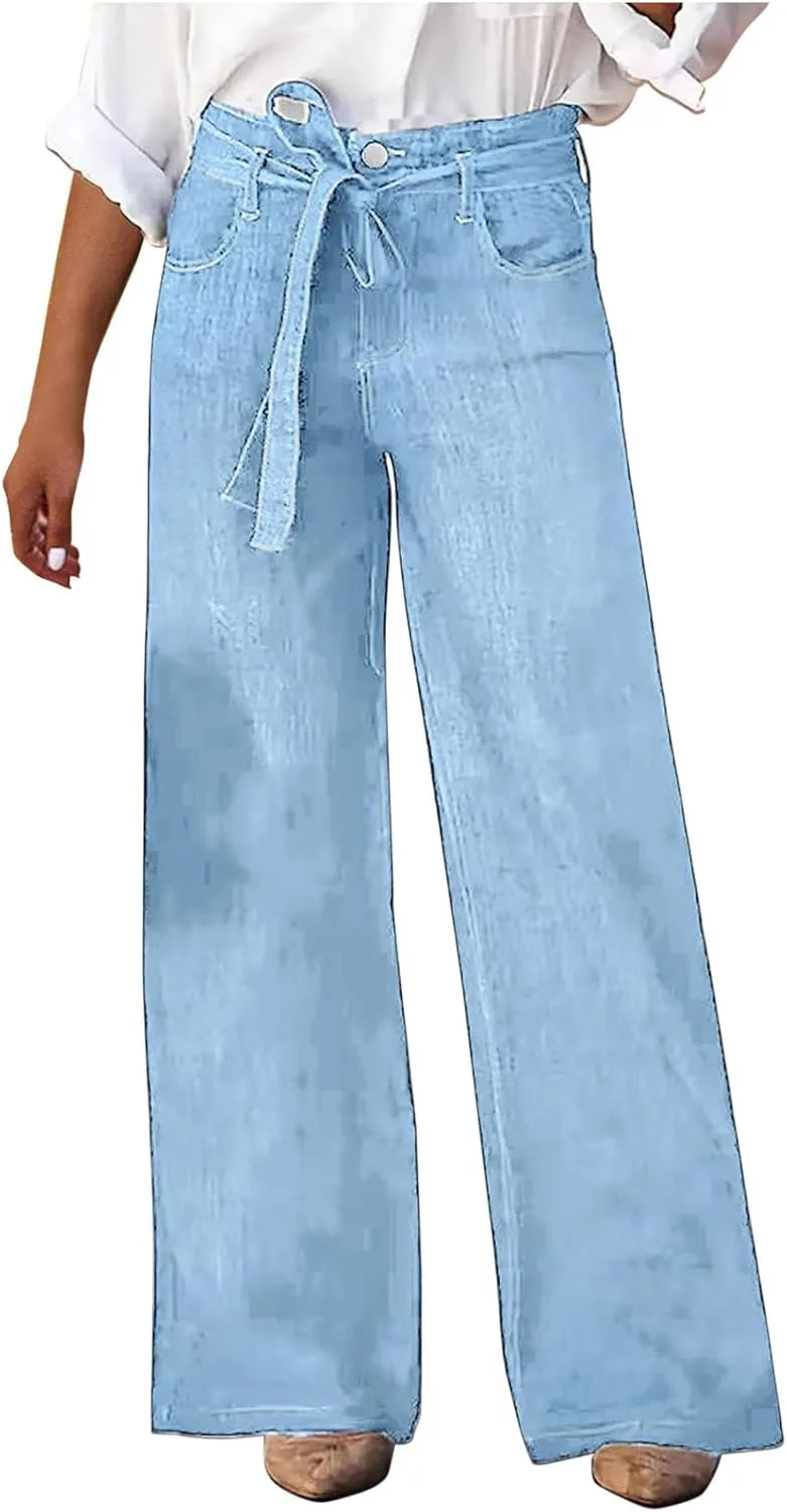 Женские джинсы Casual Wide Leg с высокой посадкой и завязкой