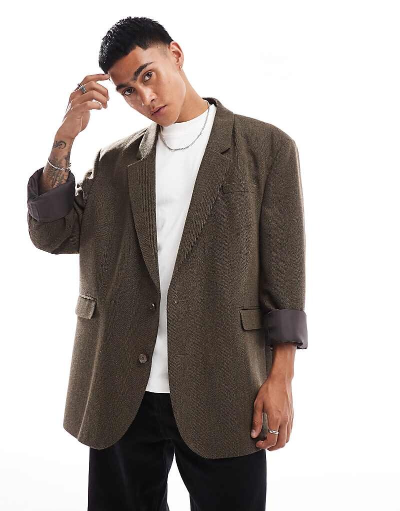 

Коричневый пиджак оверсайз с узором «елочка» ASOS DESIGN