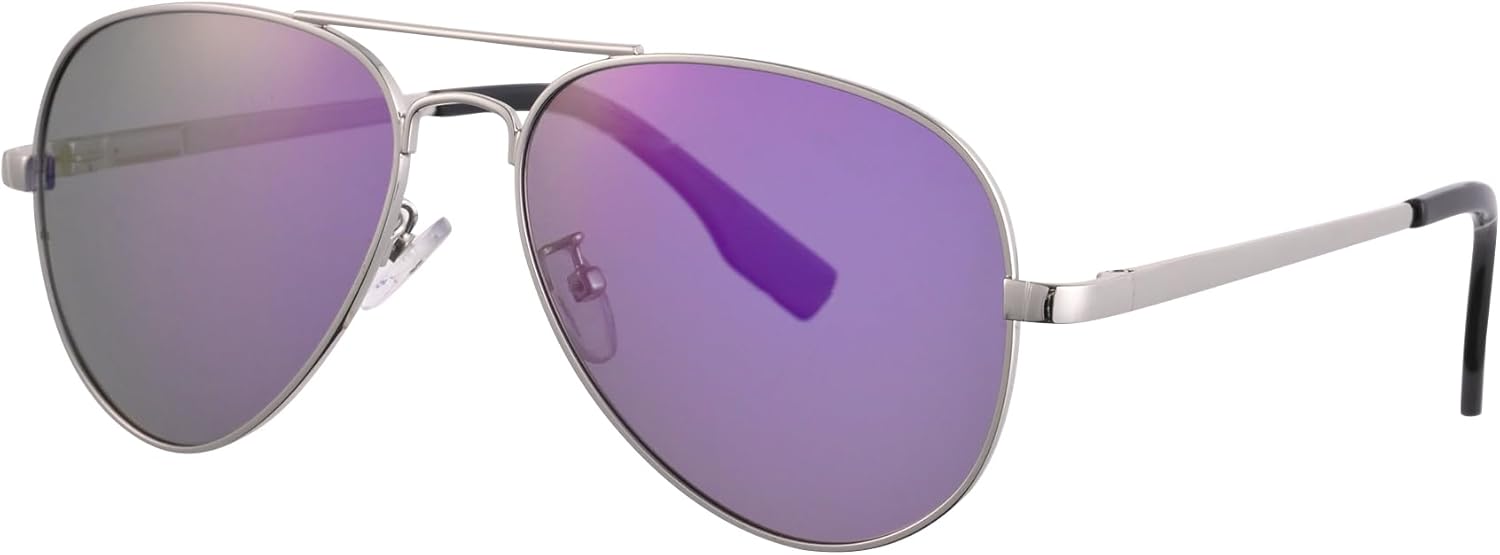 

Поляризованные солнцезащитные очки-авиаторы COASION для подростков с маленьким лицом, для женщин и мужчин, винтажный стиль, защита от УФ-излучения UV400, 52mm - Silver/Purple Mirror