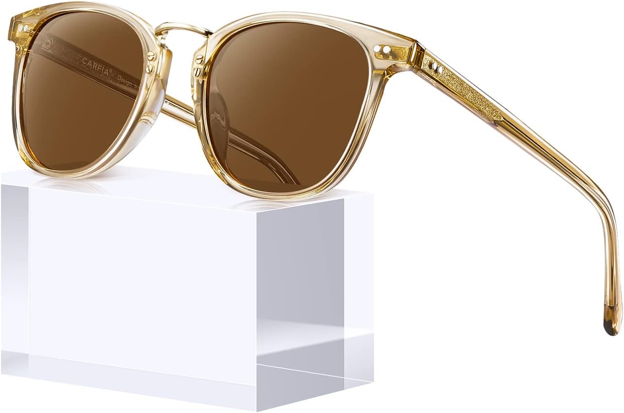 

Женские круглые поляризованные солнцезащитные очки CARFIA из ацетата с маленькой лицевой частью, в стиле ретро, ​​с металлической перемычкой, модель CA5015, 2-1. Transparent Tea Frame Brown Lens