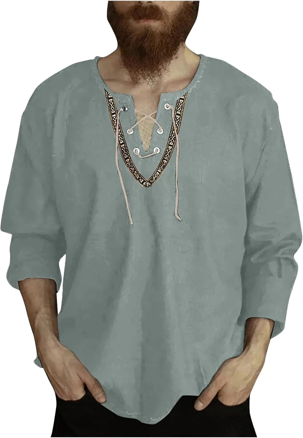 

Футболка с V-образным вырезом для мужчин в стиле ретро Western, длинный рукав, свободный крой