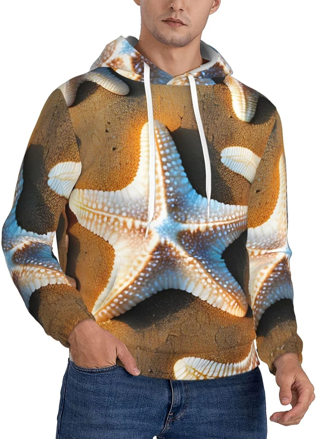 

Мужская флисовая толстовка с капюшоном Starfish Beach Full Print, мягкая теплая кофта с карманом BaerK