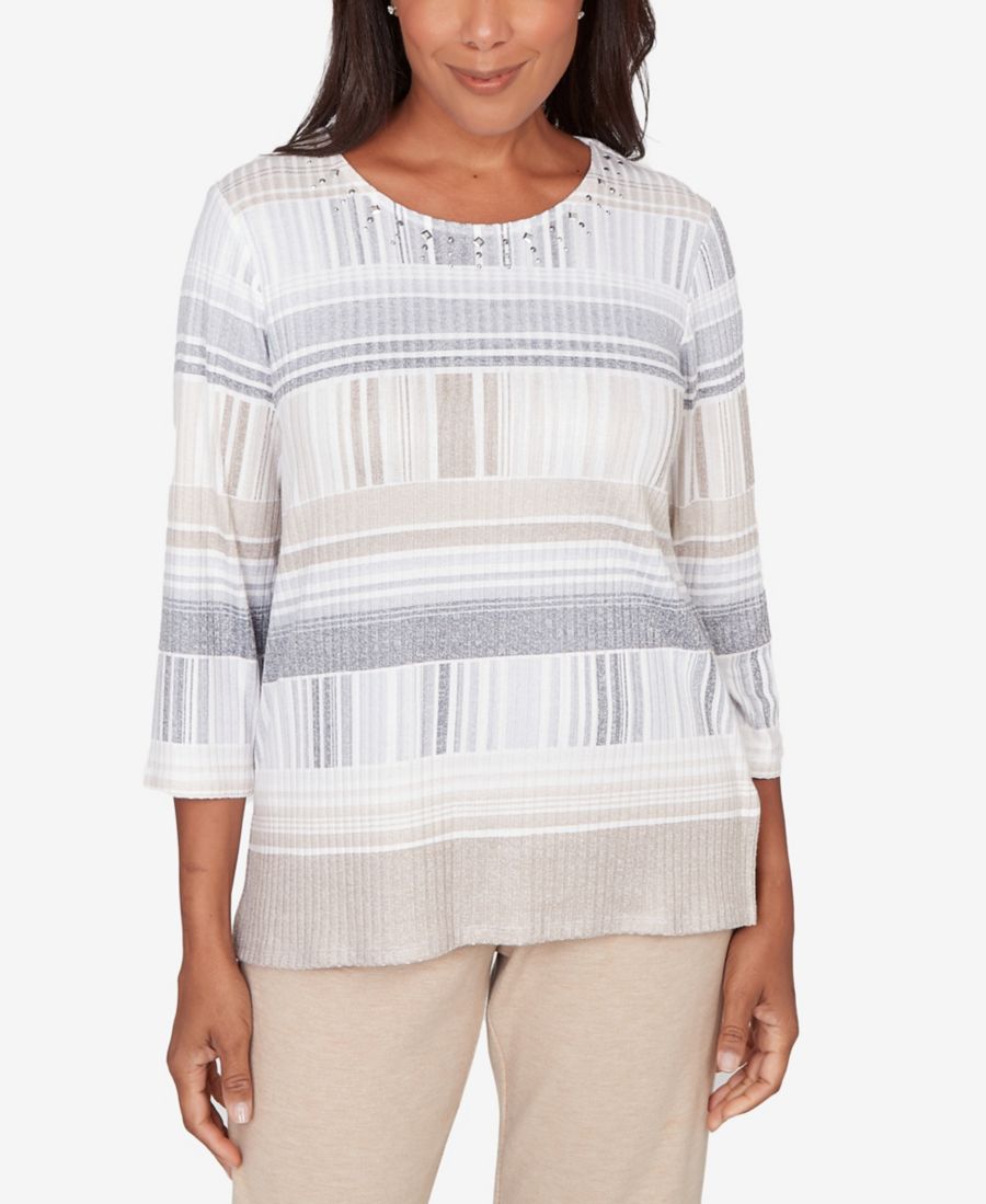 

Женская футболка Comfort & Joy с геометрическим полосатым узором и круглым вырезом Alfred Dunner, Gray Multi, Красный, Женская футболка Comfort & Joy с геометрическим полосатым узором и круглым вырезом Alfred Dunner, Gray Multi