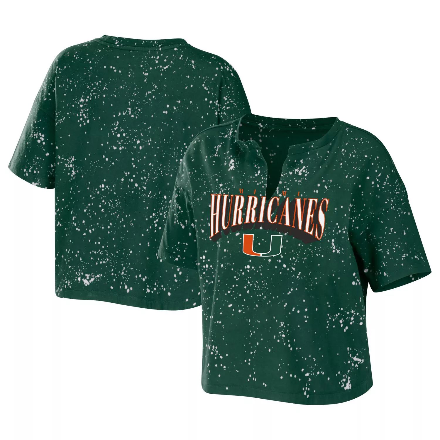 

Женская футболка Erin Andrews Green Miami Hurricanes Bleach Wash Splatter Notch Neck