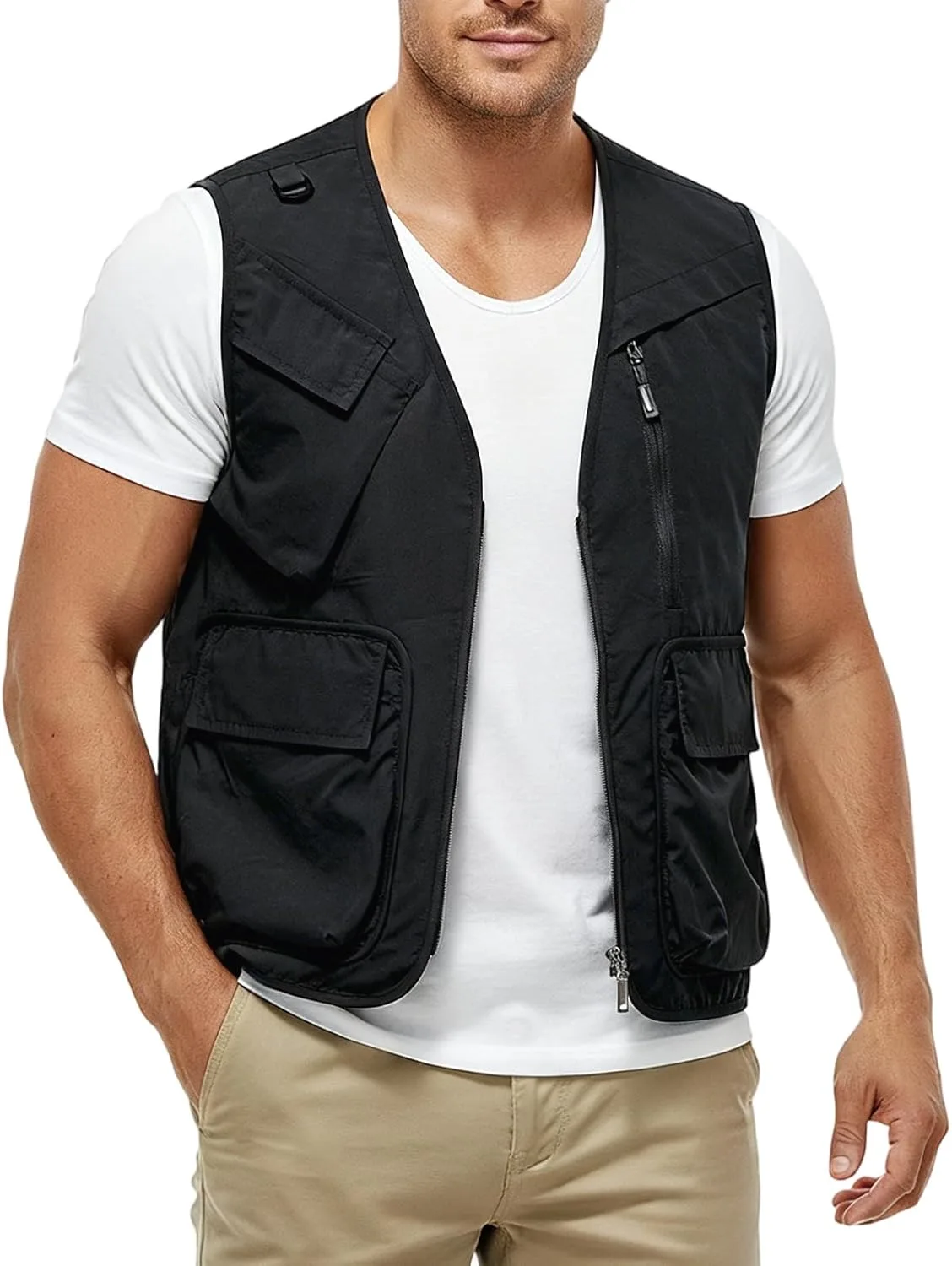 Мужской рыболовный жилет с множеством карманов, безрукавный, быстросохнущий, с V-образным вырезом, верхняя одежда для скалолазания, походов и кемпинга Generic, черный