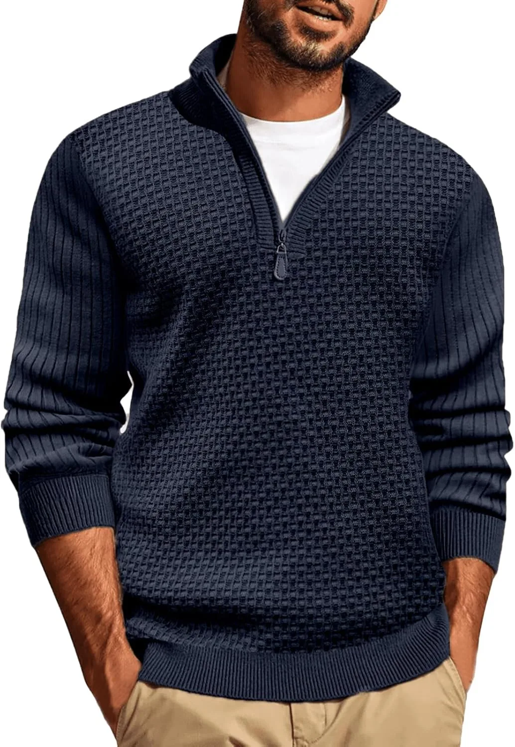 

Мужской свитер с четвертью молнии, Casual, Slim Fit, текстурированный RODYETQQ