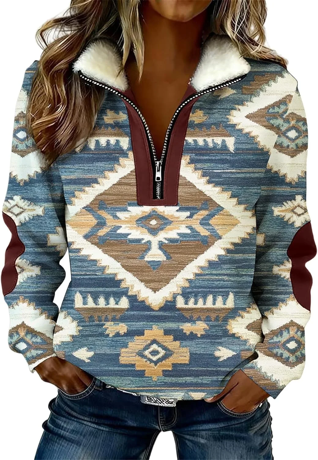 

Западный ацтекский свитшот с молнией на четверть для женщин с воротником из шерпы и геометрическим принтом