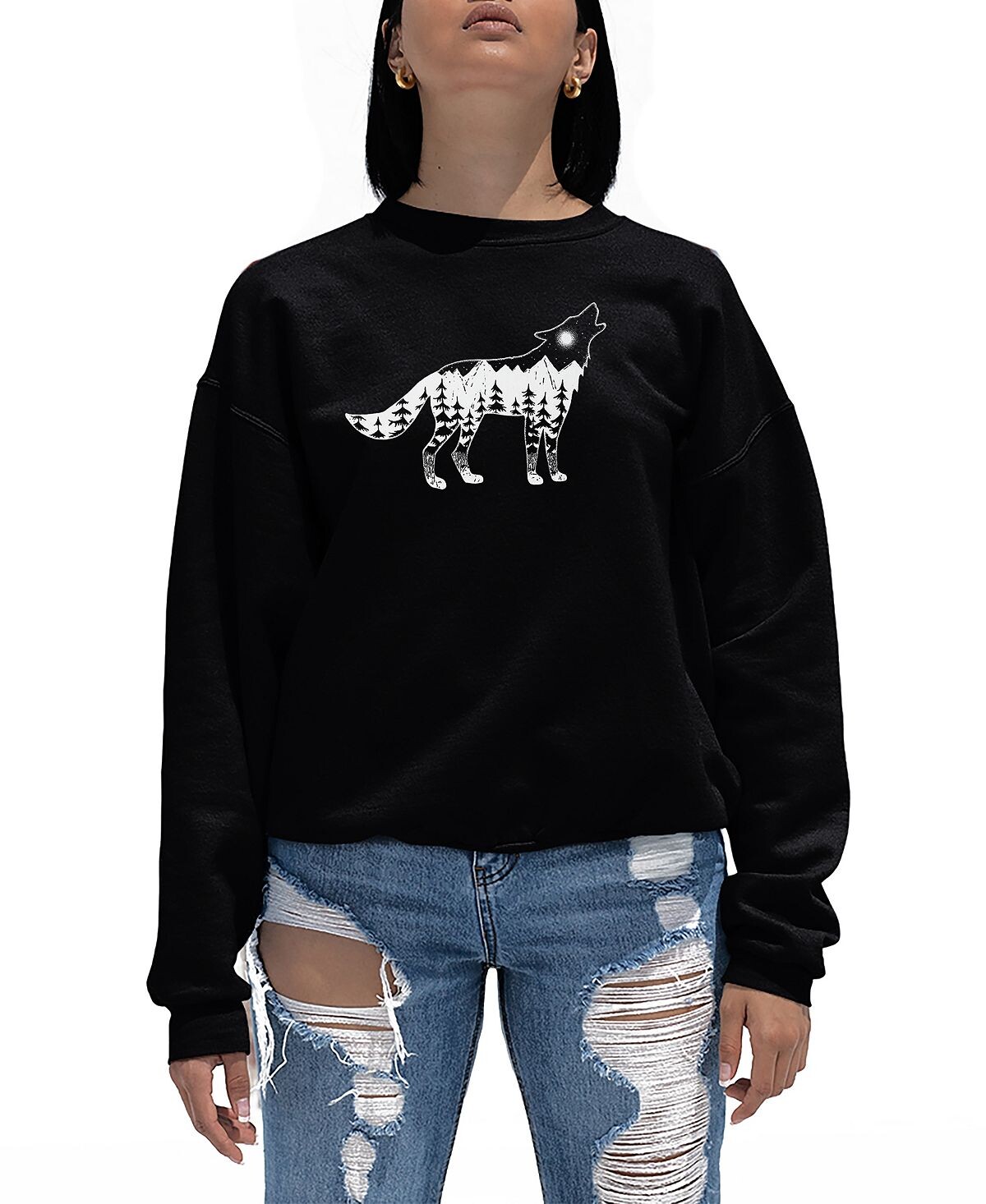 

Женский свитшот с круглым вырезом Howling Wolf Word Art LA Pop Art, черный