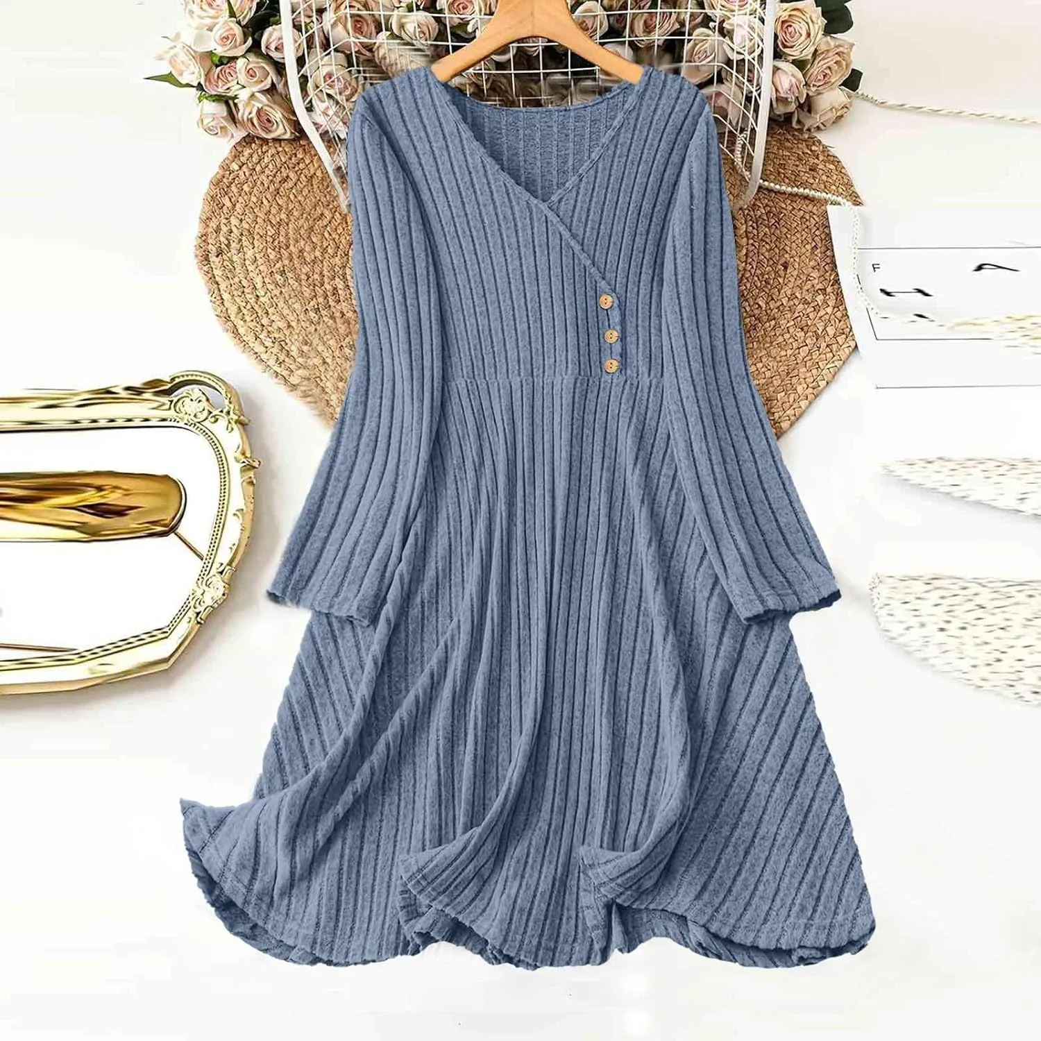 Платье для женщин Casual Loose A-line с длинным рукавом и V-образным вырезом, свитерное платье, осенняя мода, образы для бизнес-кэжуал Generic, синий — фото 2