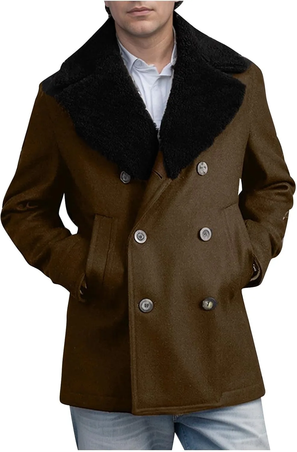 Мужское пальто с теплой подкладкой из шерпы, отложным воротником, двубортной застежкой, карманами для зимнего сезона Generic, коричневый