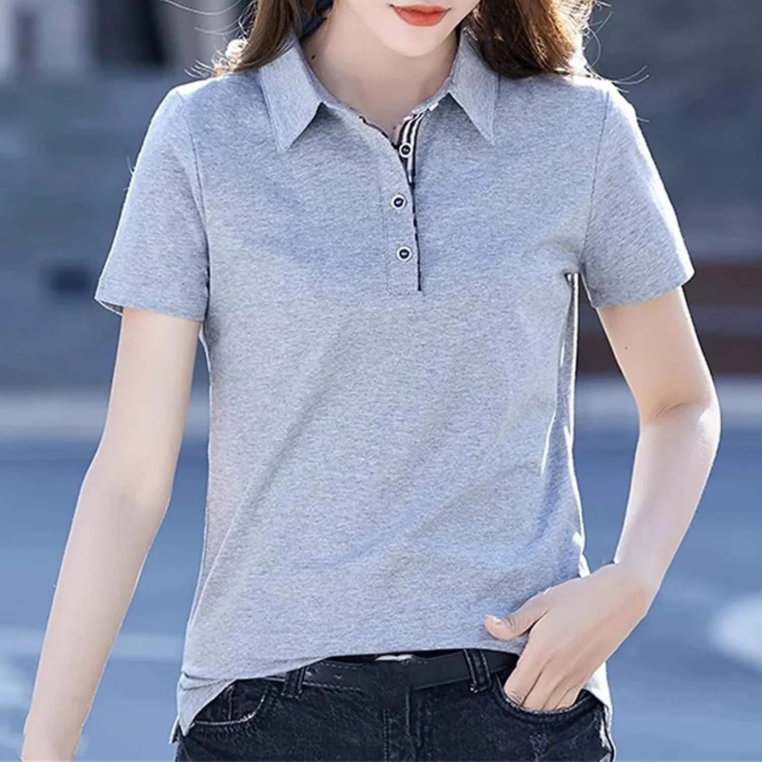 Поло женское, хлопок, Slim Fit, Light Gray — фото 3