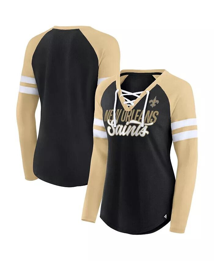 

Женская черно-золотая футболка New Orleans Saints True to Form реглан со шнуровкой и v-образным вырезом с длинными рукавами Fanatics
