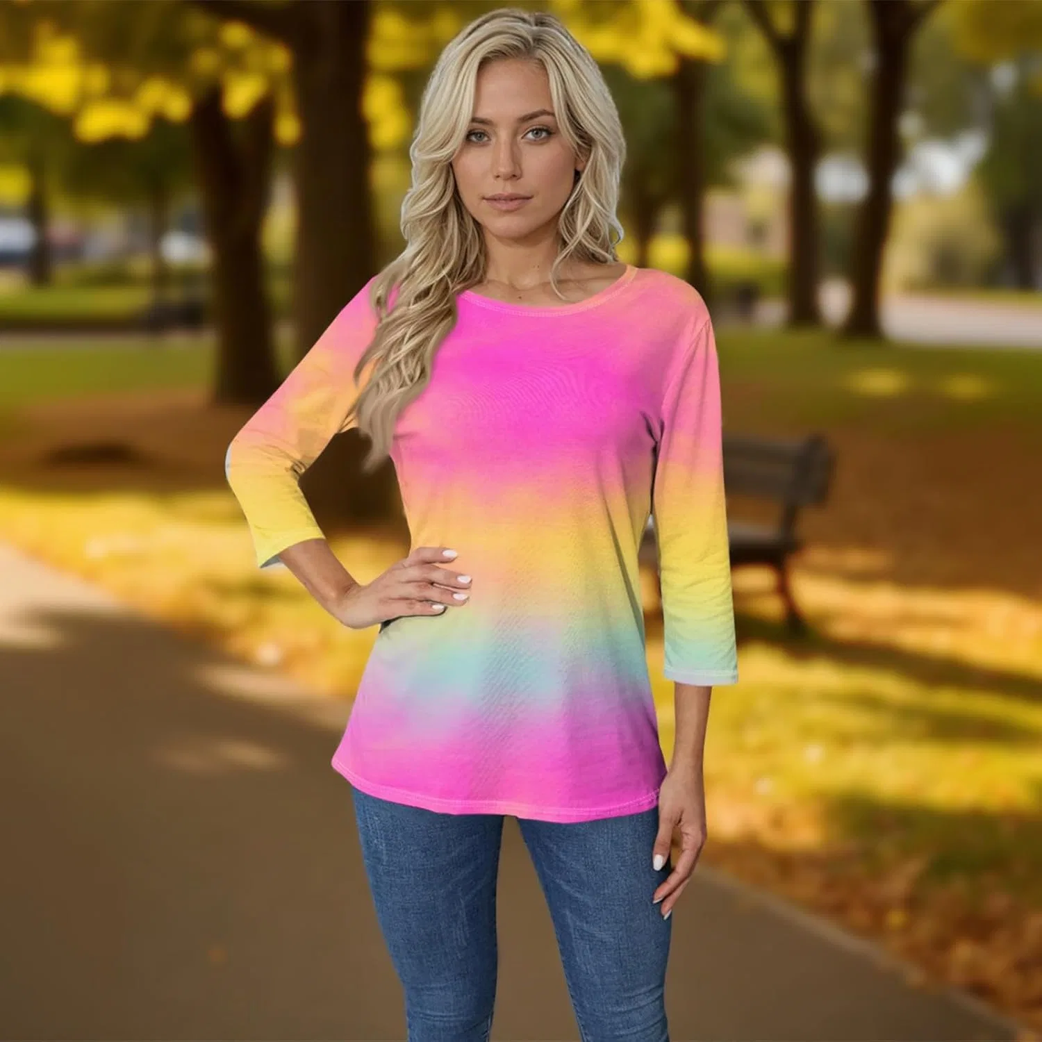 Женский топ с рукавом 3/4, V-образный вырез, двухслойный, 3-hot Pink — фото 3