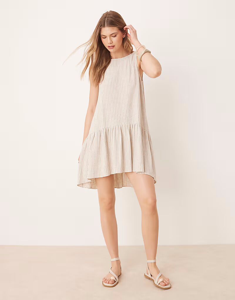 

Льняное мини-платье ASOS DESIGN с заниженной талией в натуральную полоску