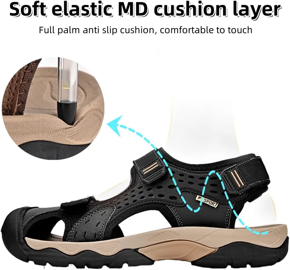 

Мужские повседневные сандалии Asifn с закрытым носком для улицы, спортивные, для ходьбы и походов, легкие, кожаные, дышащие, с нескользящей подошвой, для пляжа и воды, черный