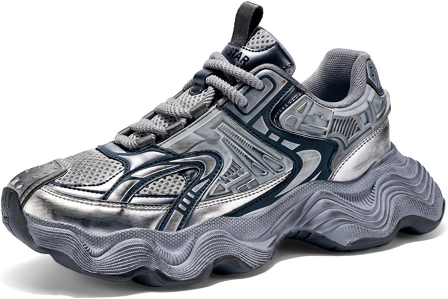 

Мужские модные кроссовки - дышащие сетчатые и кожаные с волнообразной подошвой, удобная амортизация для повседневной носки, стильный геометрический дизайн, для спортзала и уличного стиля Kelibasi, серый