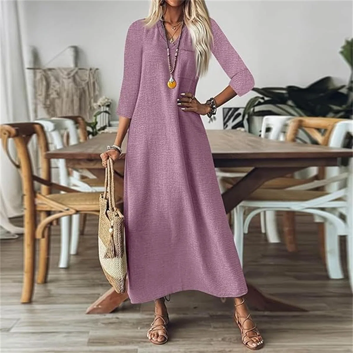 Льняное платье Women Sleeveless V Neck туника Boho макси, летнее однотонное струящееся пляжное платье для отпуска Generic, темно-зеленый — фото 4