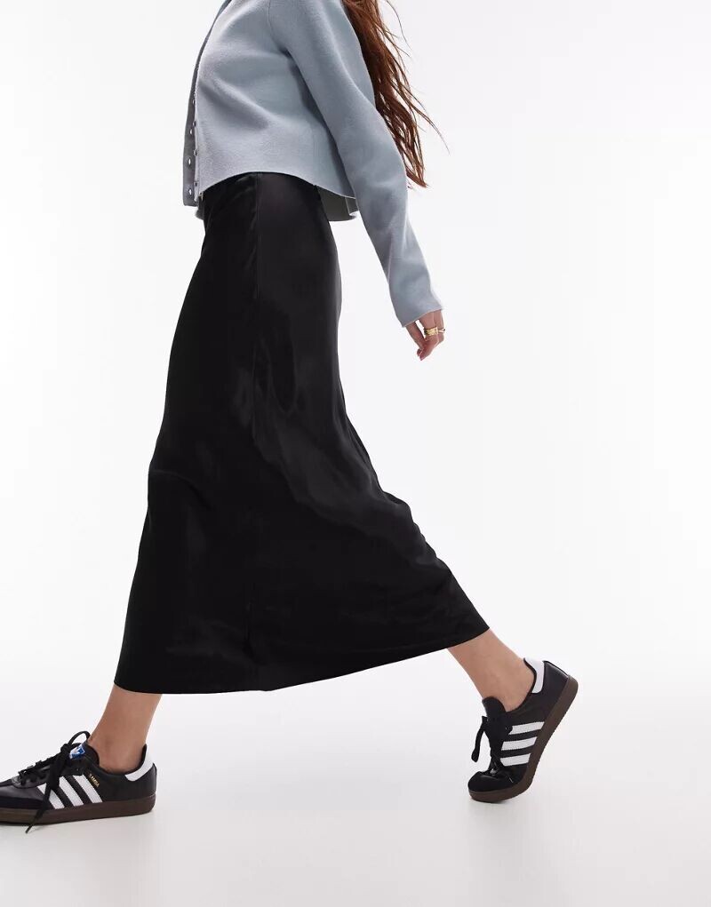 

Черная асимметричная атласная юбка миди Topshop