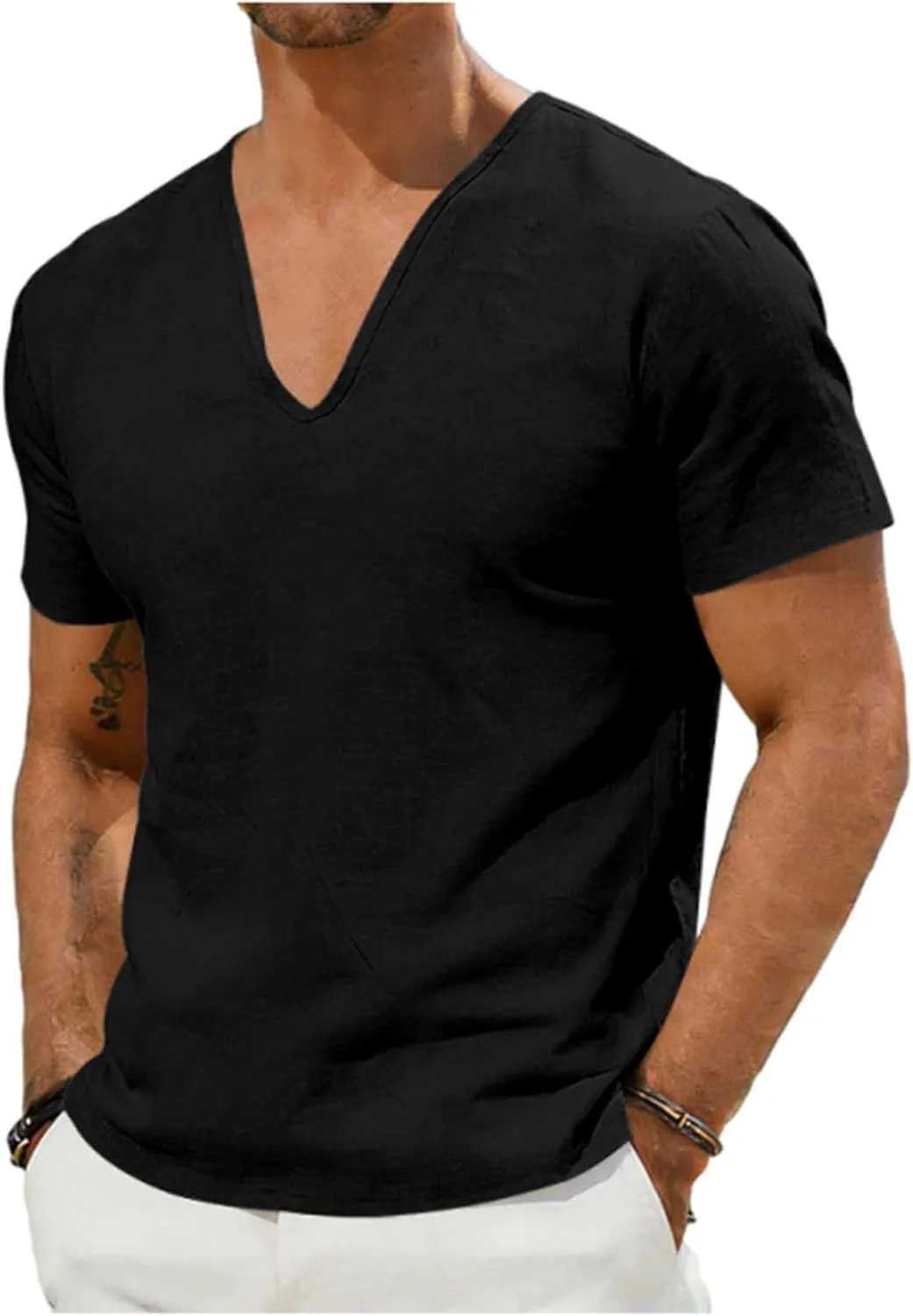 

Льняная рубашка для женщин с коротким рукавом и глубоким V-образным вырезом FOCLMP