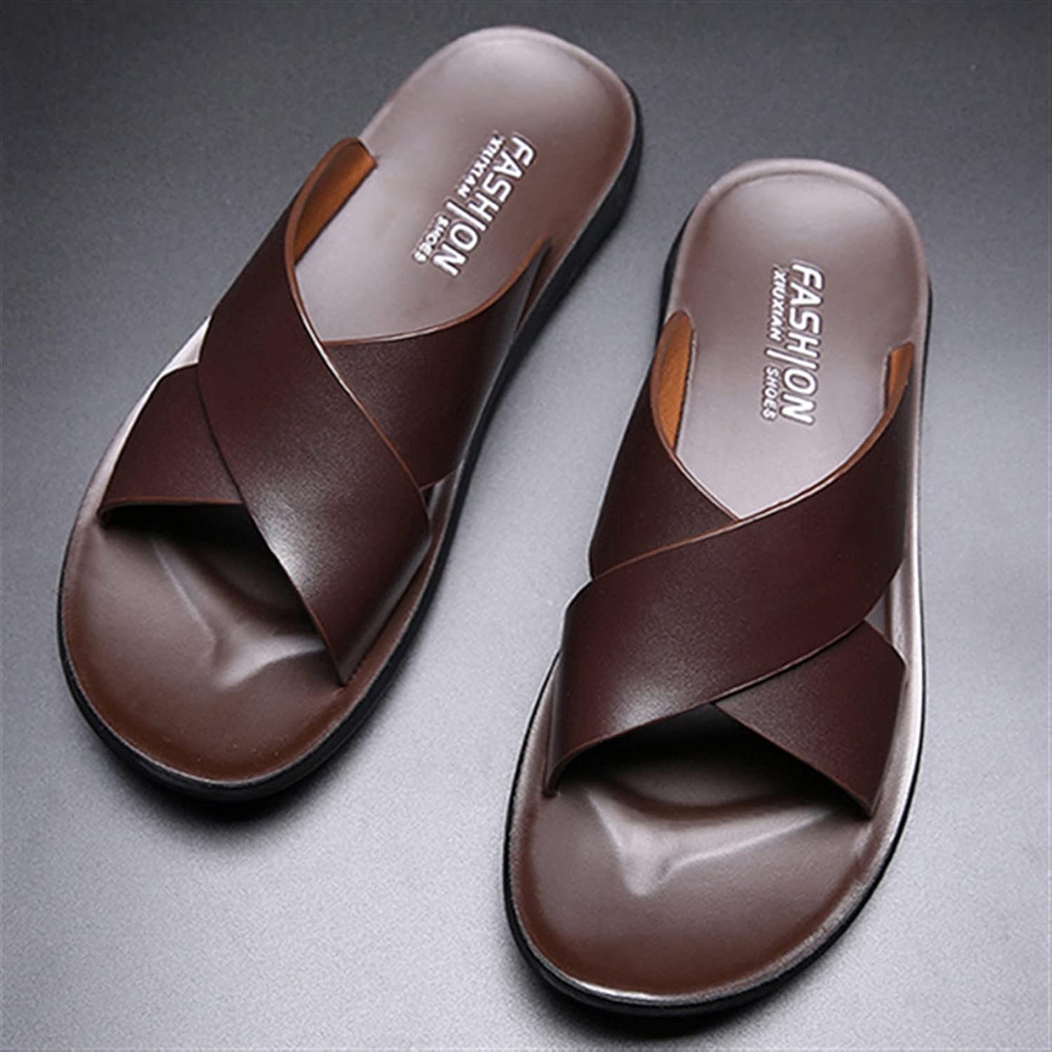 Мужские сланцы Battle Men Fashion X Band, однотонные, из натуральной кожи, с открытым носком, повседневные, пляжные, на резиновой подошве, противоскользящие, коричневый — фото 2
