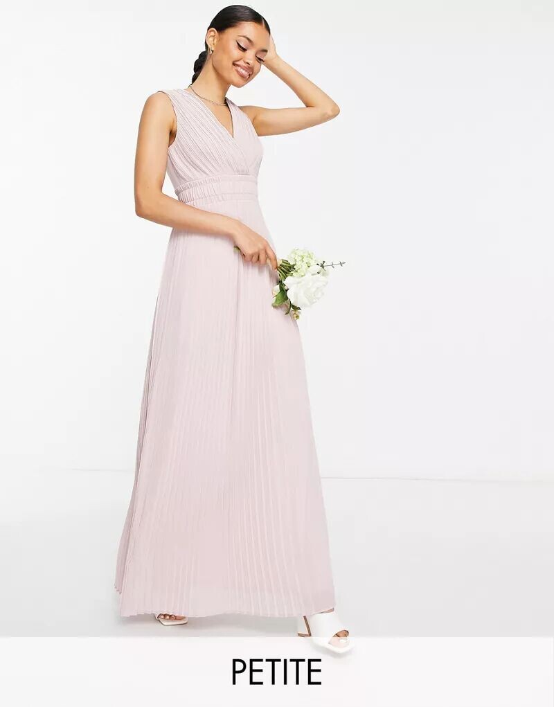 

Плиссированное платье макси норково-розового цвета TFNC Bridesmaid с завязкой на талии