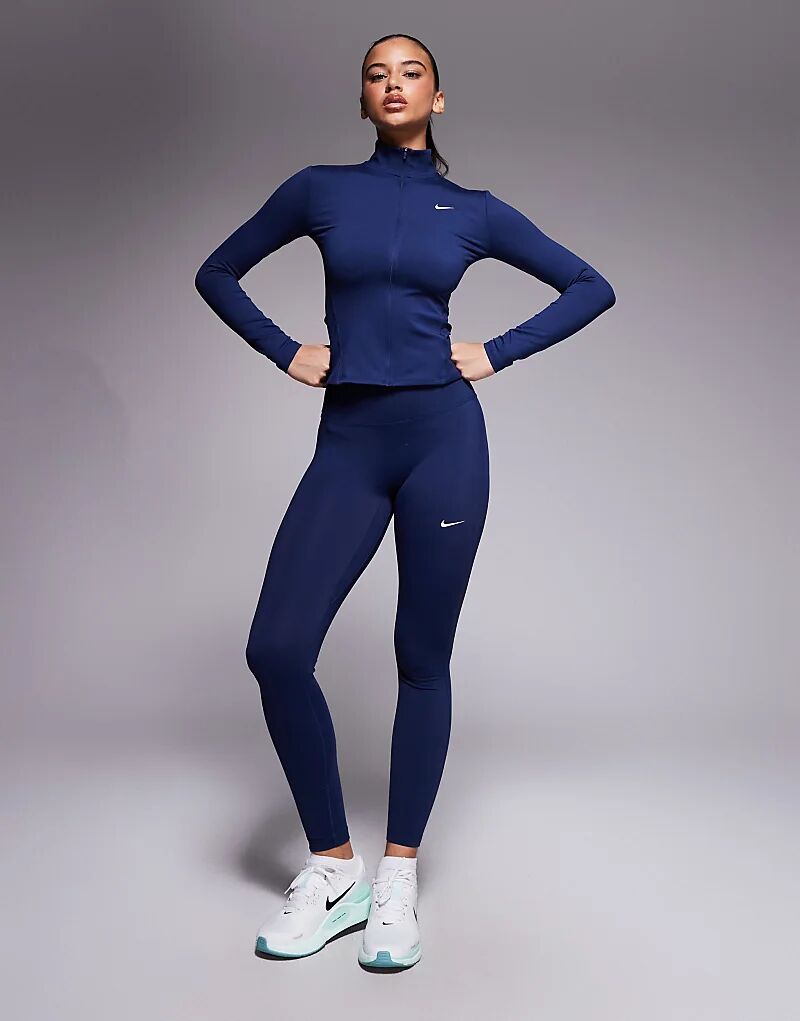 Облегающий лонгслив с длинными рукавами Nike One Training темно-синего цвета с молнией по всей длине — фото 3