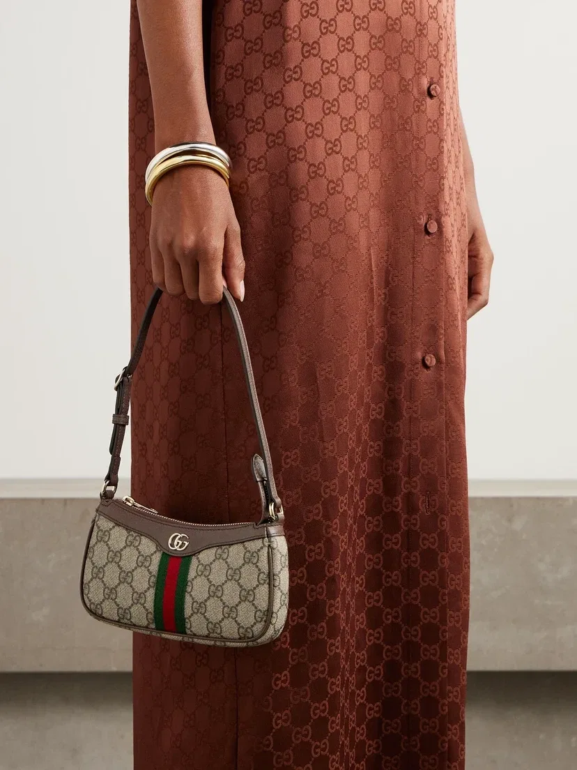 Миниатюрная сумка через плечо Ophidia из канваса с принтом, кожаной отделкой GUCCI, бежевый — фото 2