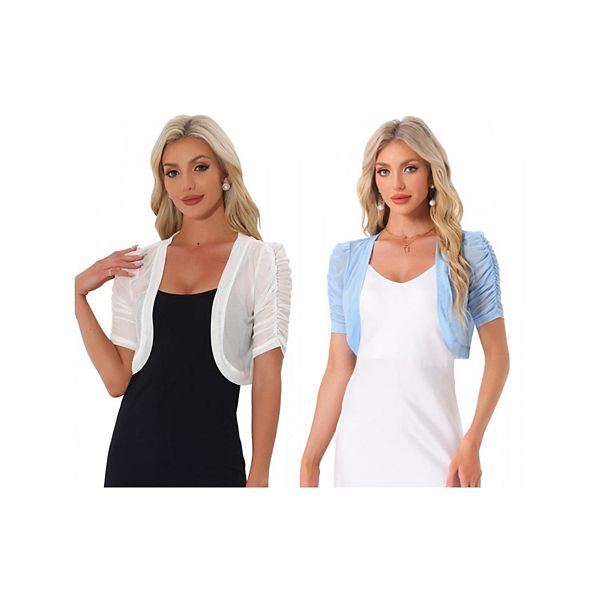 

2 упаковки женской укороченной болеро-кардигана с открытой передней частью и короткими рукавами из сетчатой ткани Inspire Chic, White Light Blue