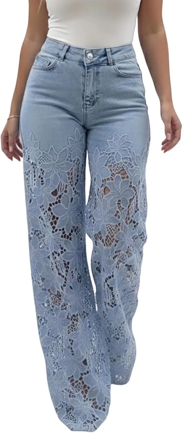 

Женские джинсы Wide Leg с кружевной вставкой, высокие и свободные