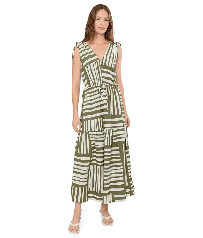 Платье миди с V-образным вырезом Sleeveless V-Neck Striped Gauze Midi Calvin Klein, Light Olive/Cream