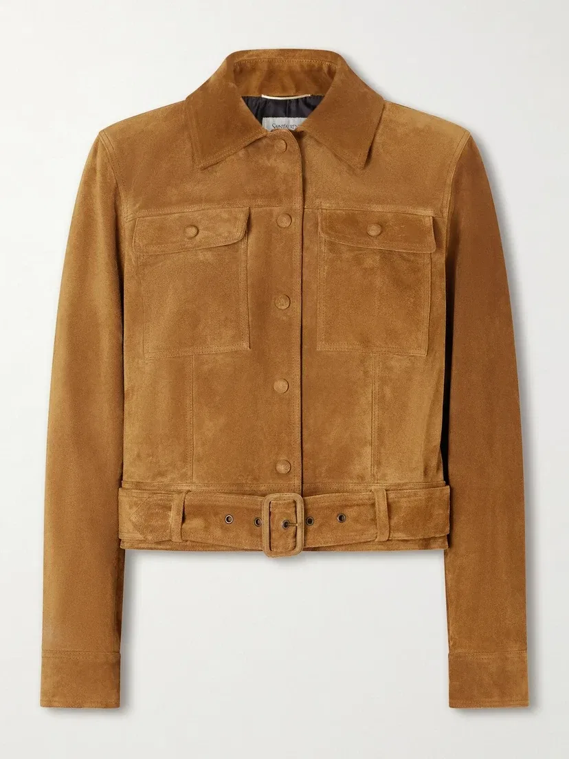 Укороченная замшевая куртка с поясом SAINT LAURENT, коричневый