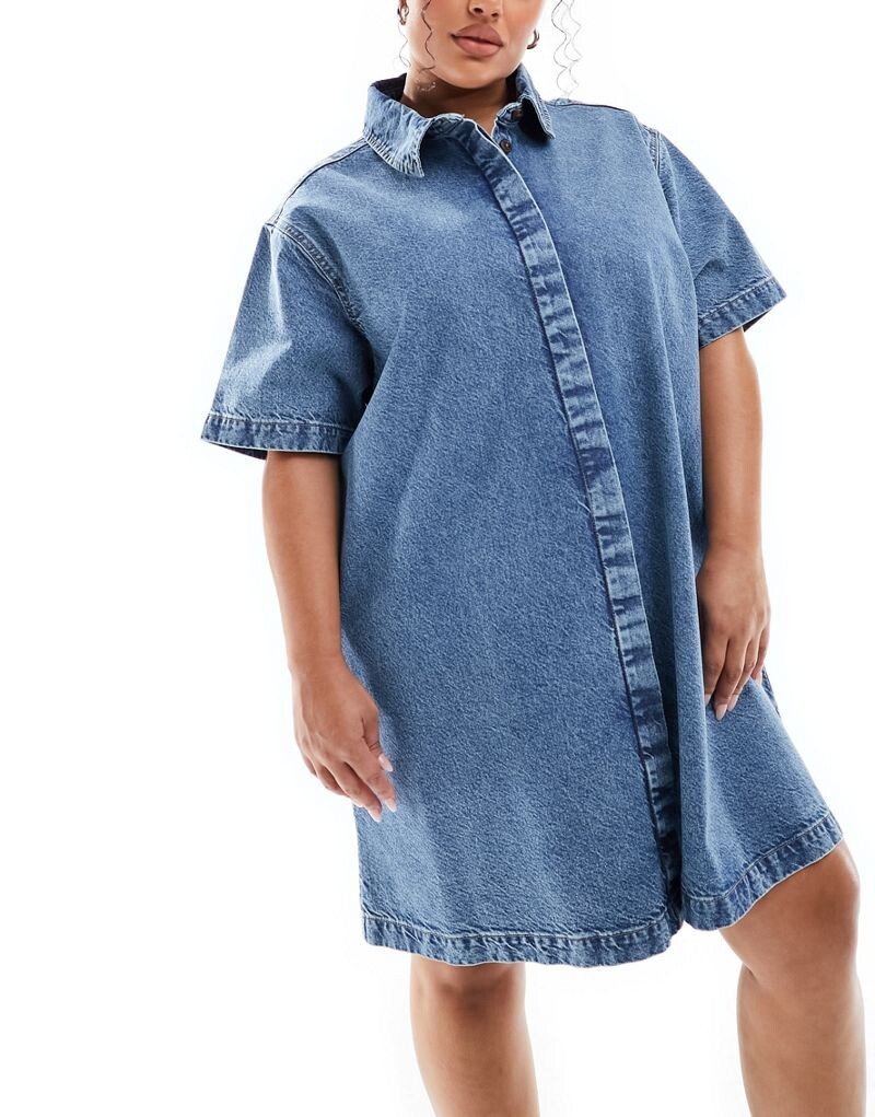 

Синее джинсовое платье-рубашка с короткими рукавами ASOS DESIGN Curve