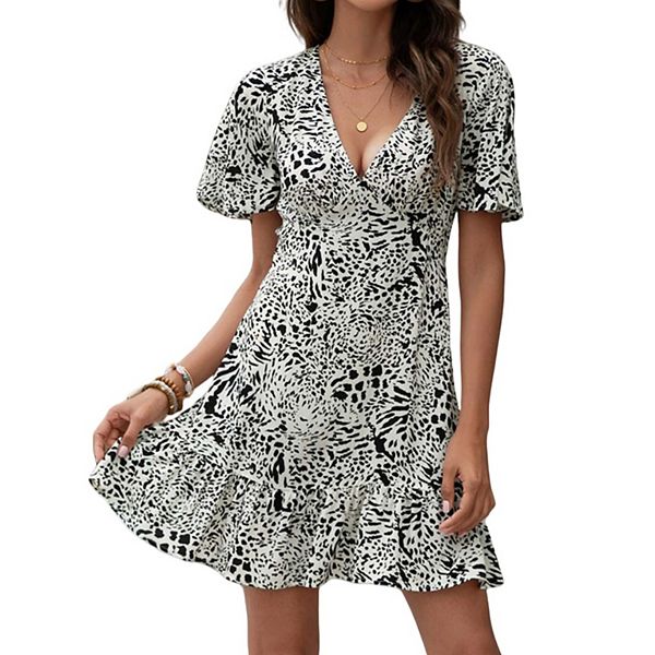 

Женское мини-платье с v-образным вырезом, коротким рукавом, оборкой по подолу и абстрактным принтом Anna-Kaci, Black