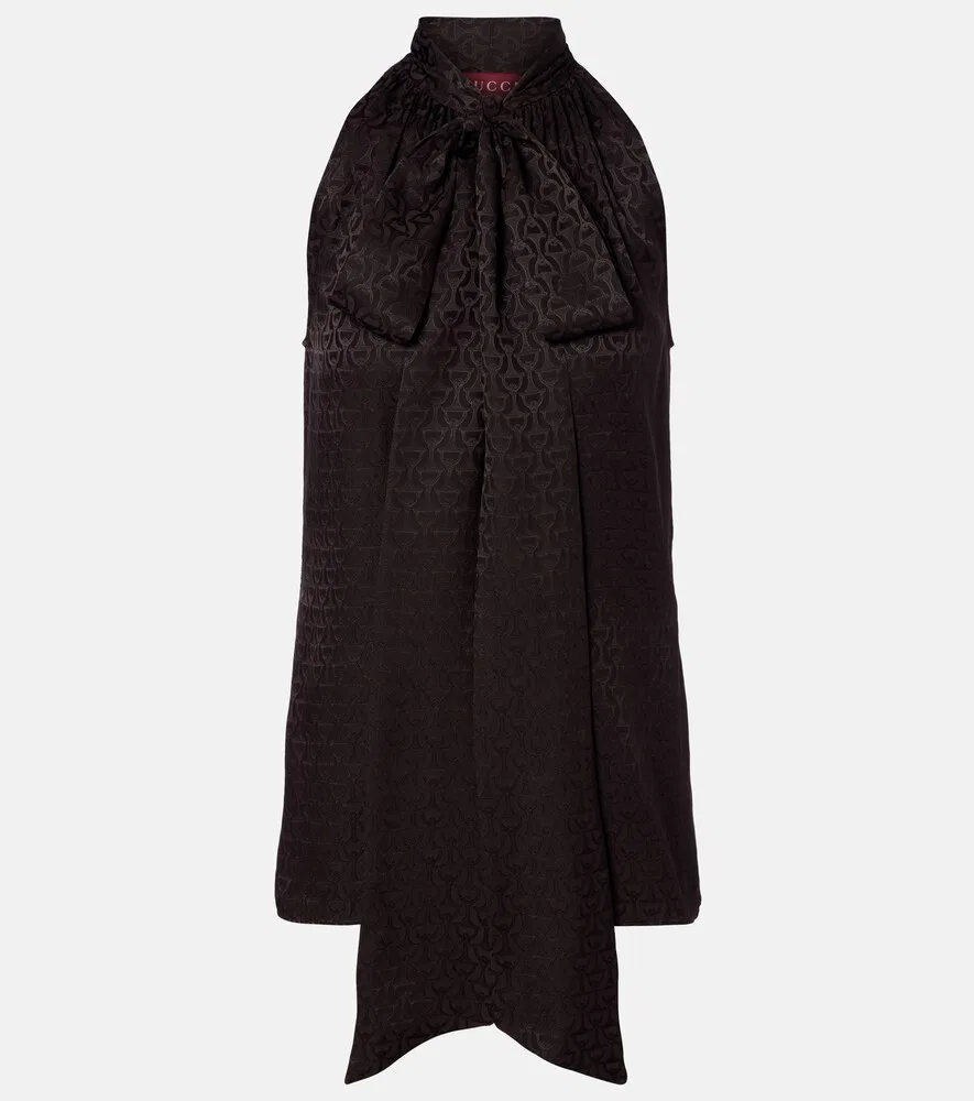 Топ Gucci Шелковый жаккардовый с воротником-стойкой и пряжкой, коричневый