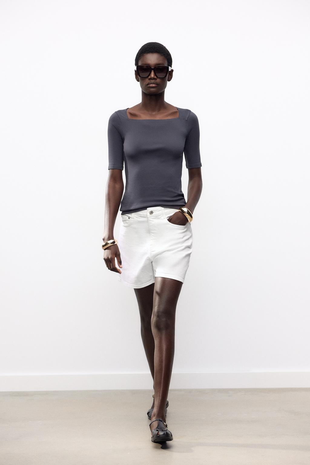 

Футболка с квадратным вырезом ZARA, цвет Blue/Grey