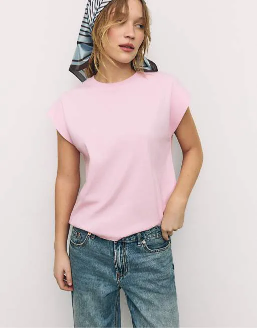 

Базовая футболка с заниженными плечами Stradivarius B06 лососево-розового цвета, Розовый, Базовая футболка с заниженными плечами Stradivarius B06 лососево-розового цвета