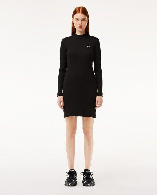

Женское хлопковое приталенное платье в рубчик с длинными рукавами Lacoste, черный