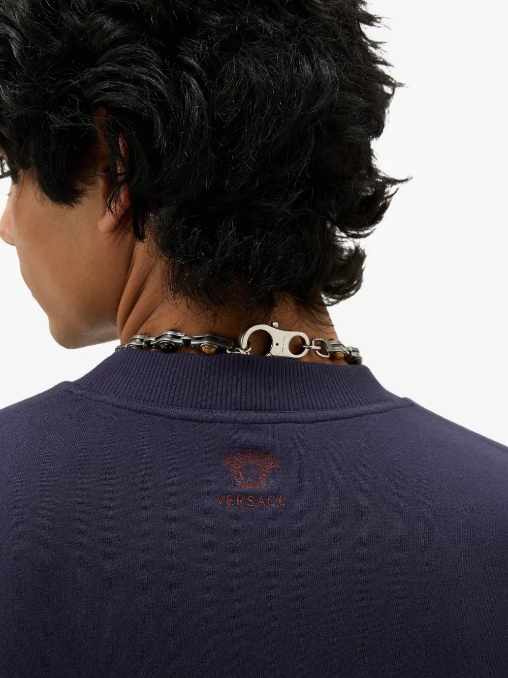Футболка из эластичного хлопкового трикотажа с вышивкой Versace, синий — фото 4