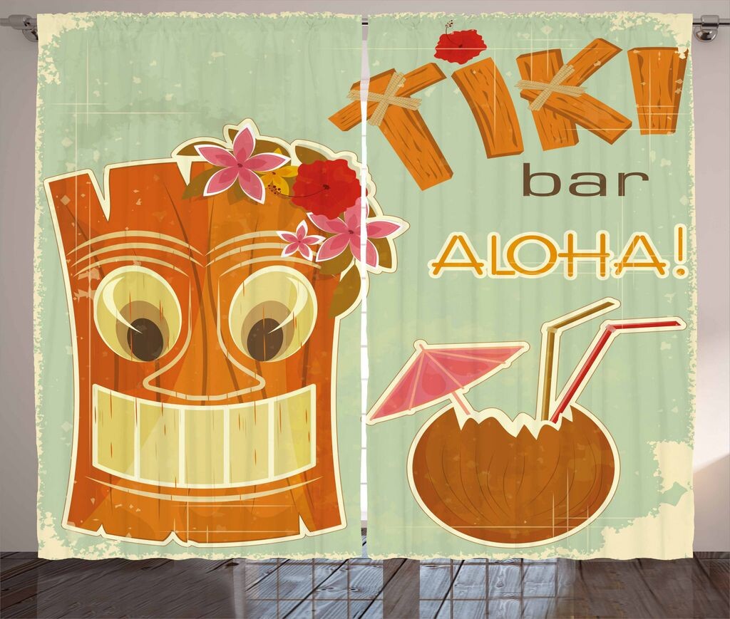 

ABAKUHAUS Tiki Bar Занавеска в деревенском стиле, Drink Flora, Ленточная занавеска с рюшами и петлями для спальни, 280 x 225 см, Разноцветная