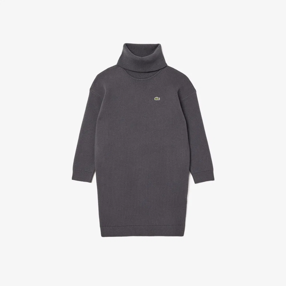 Детское хлопково-шерстяное платье-водолазка серого цвета от Lacoste