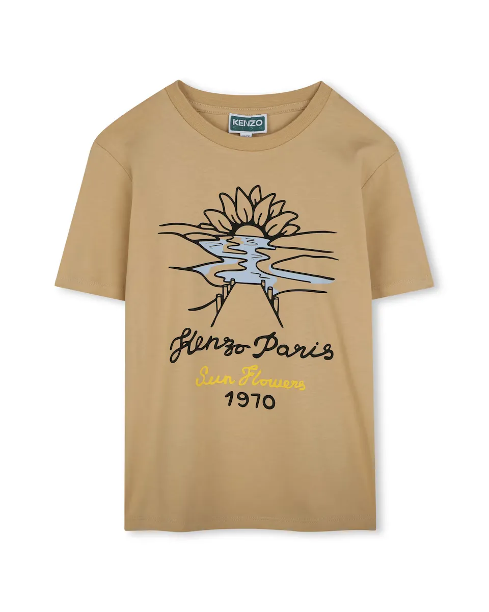 

Футболка из хлопка для мальчика с рисунком спереди Kenzo Kids, бежевый